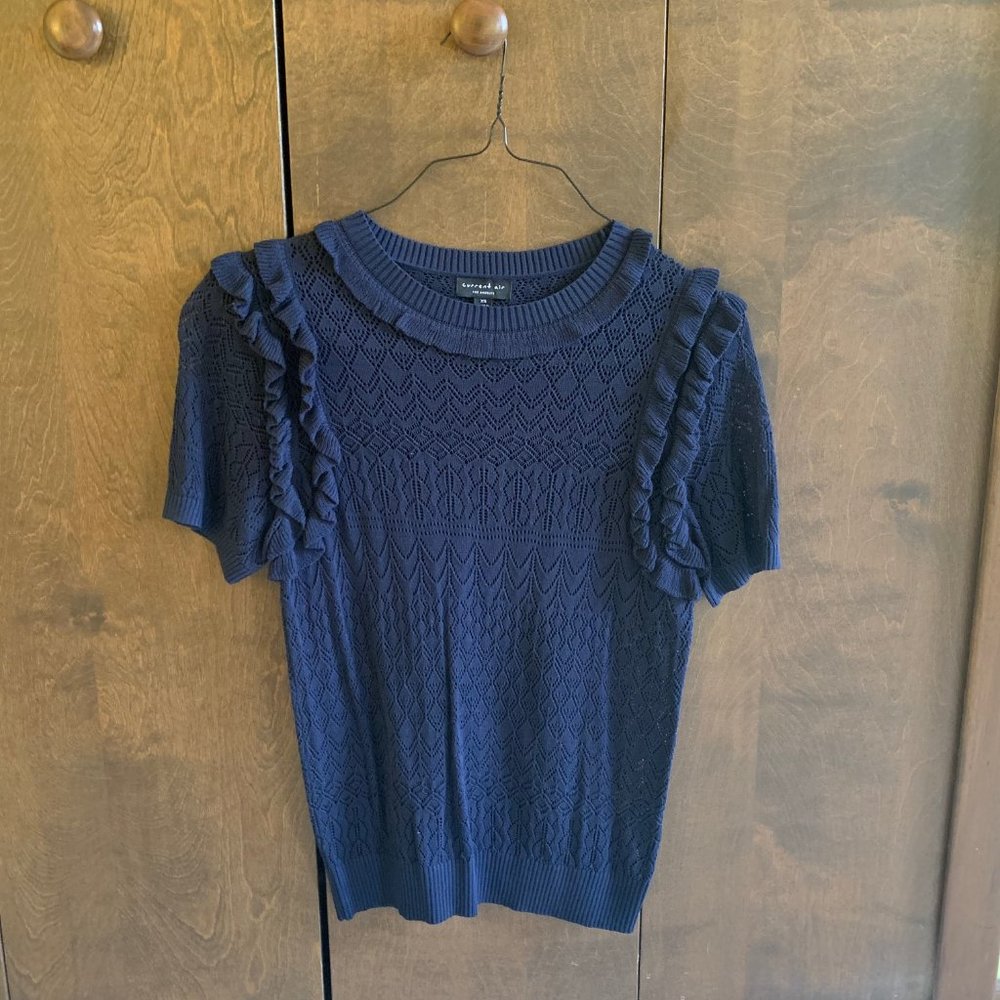 Short sleeve navy ruffle sweater